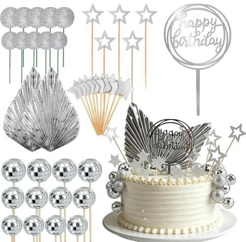 OMIGA Tortendeko Krone Discokugel Deko Silber Geburtstagstorte Set 40Stück | Cupcake Topper Kuchendeko Ballon für Kinder Mädchen Junge