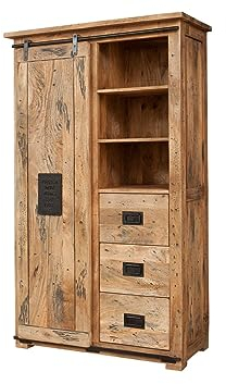 MASSIVMOEBEL24.DE | Railway - massiver Schrank Natur, lackiert | Mangoholz | 100x45x175 | mit Schiebetüren + Eisenelemten | Aufbewahrungsschrank Flurschrank