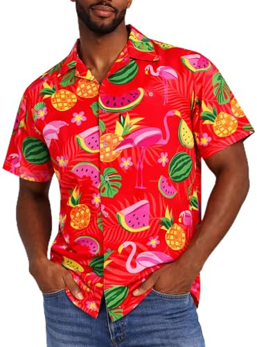 King Kameha Hawaii Hemd Männer - Funky Hawaiihemd Herren Kurzarm, Flamingo Melon, Rot, S