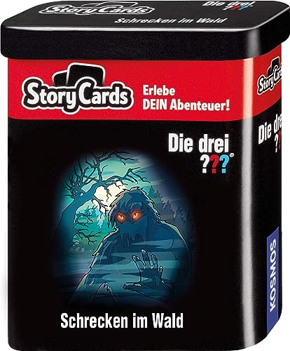 KOSMOS 698966 Story Cards - Die drei ??? Schrecken im Wald, Die drei Fragezeichen Kartenspiel, erlebe die interaktive Geschichte, Krimi Kartenspiel für Kinder, in Metalldose zum Mitneh