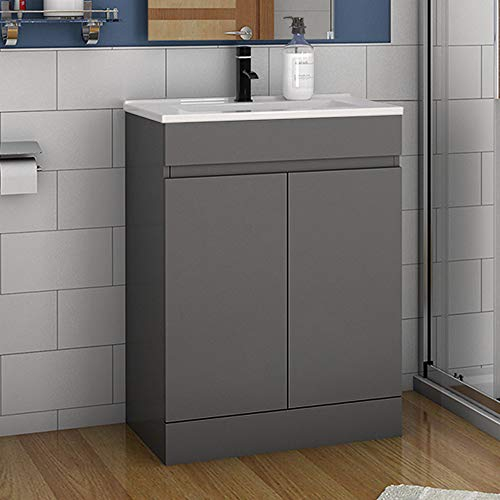 Badmöbel Set 60 cm Athem Keramik Waschbecken mit Unterschrank Waschtisch Standschrank Anthrazit