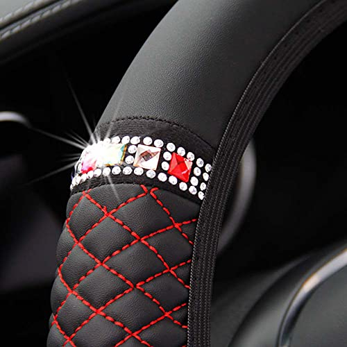 Herbest Glitzer Auto Lenkradhülle Lenkradbezug, 15''/38 cm Bling Kristall Strass Diamant Leder Lenkradbezug rutschfest Lenkrad Abdeckung Lenkradschoner für Männer und Frauen,Schwarz + Rot