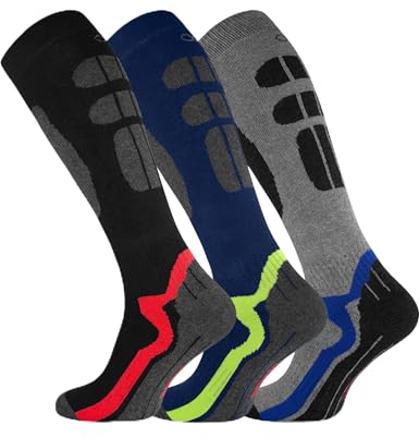 OCERA ADVENTURE Ski-Strümpfe für Damen & Herren, 3 Paar Thermo Kniestrümpfe mit Vollfrottee, Gepolstert, Warm - Blau-Rot-Grau Mix Gr. 39/42