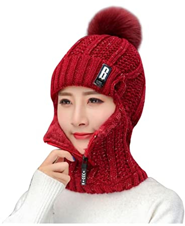 qudang Winter Mütze Schal Set Damen Wintermütze mit Bommel Reißverschluss Sturmhaube Unisex Strickmütze Dicke Fleecefutter 3 in 1 Warm Gefüttert für Outdoor-Wintersport, Wein, Einheitsgröße