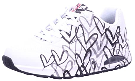 Skechers Women's UNO Spread The Love Sneaker, White W Black and Grey Heart Print Durabuck, 7 UK