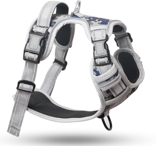 HEELE Hundegeschirr, Hundegeschirr für Grosse Hunde, Freigabe am Hals, Vorderseite Rückseite Clips Hundegeschirr Einstellbar Reflektierend Anti Zug Hundegeschirr mit Gepolstert Grifff, Tarn-Grau, XL