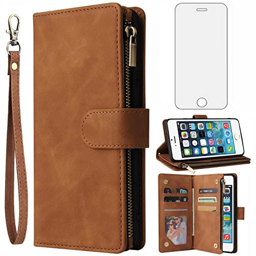Asuwish Mobile Phone Case for iPhone 5S/5/SE 2016 Case with Screen Protector and Card Slot Foldable Leather Wallet Stand Zip i 5SE 1 S SE2016 1st Generation Cases Protective Phone Case Brown