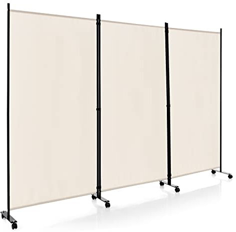 GOPLUS Paravent Pliant 3 Panneaux avec Roues, Brise Vue Intérieure et Extérieure avec Support en Métal,Paravent de Chambre Retractable 262x180CM, pour Salon, Chambre, Hôpital(Beige)