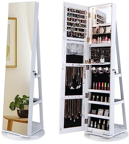 HOMASIS 3 in 1 Schmuckschrank mit Ganzkörperspiegel, 360 ° drehbarer Spiegel mit Schloss, Schmuckaufbewahrung mit LED-Lichtern, Make-up-Organizer mit Ablagen auf der Rückseite (Weiß)