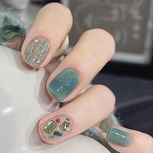 Ceboic 24 Stück Press on Nails Eckig Kurz, French Grün Künstliche Nägel Glossy Ballerina Falsche Nägel mit Diamant Designs, Kunstnägel Nägel Zum Aufkleben für Frauen und Mädchen