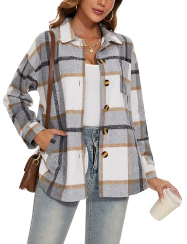 MINTLIMIT Damen Plaid Shacket Shirt Flanell Langarm Hemd Jacke Knöpfen Mäntel Lose (Grau XL)