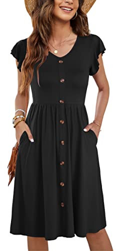 MOLERANI Women Beach Summer Dresses Ruffle Sleeve V Neck Casual Swing Elastic Waist Black Midi Dress with Pockets Dark Black S
