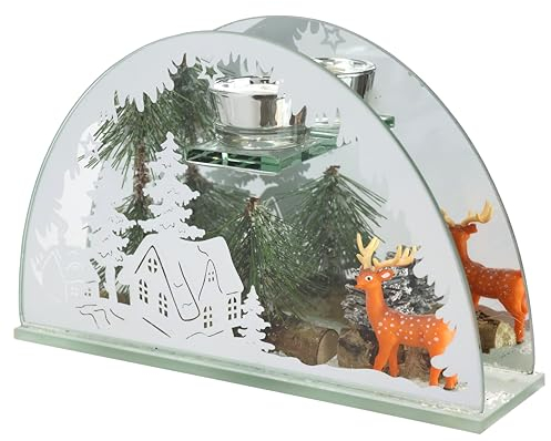 Dekoriertes Deko-Objekt aus Glas mit Hirsch Tannenzweigen Tannenbaum Kerzenhalter Stimmungslicht Weihnachtsdeko Dekoration Weihnachten Glas Geschenk Dekoobjekt Ornamente 3D Bild