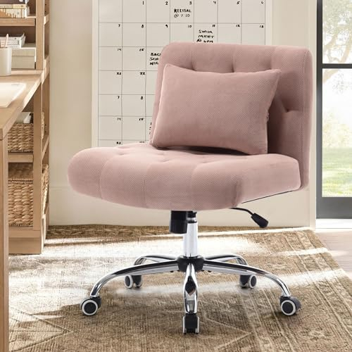 WOLMICS Bürostuhl ergonomisch Schreibtischstuhl mit Lendenkissen Schneidersitz Stuhl aus Linen Bürostuhl ohne Armlehnen Drehstuhl für Mädchen,Schminkstuhl 160KG Belastbarkeit