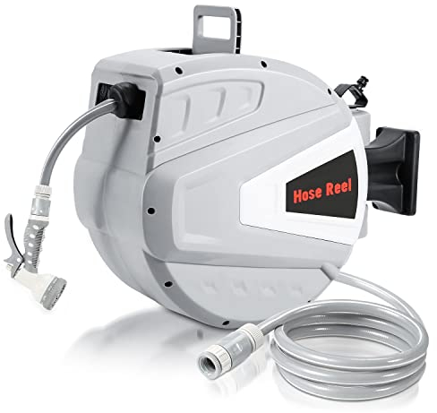 Tubiaz Schlauchtrommel 20m Wandmontage, Gartenschlauch Trommel mit automatischem Rückzug, Schlauchbox 180-Grad-Drehung, Wasserschlauch Trommel für Gartenbewässerung(grau)