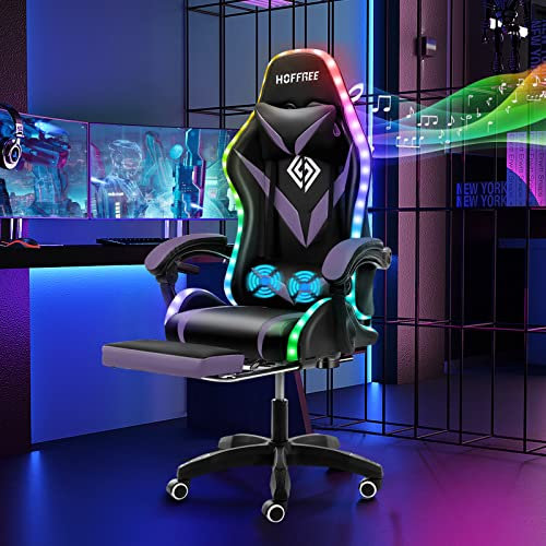 HOFFREE Gaming Chair Massage with Bluetooth Speakers and Led Lights Ergonomic Computer Gaming Chair with Footrest RGB Video Game Chair with High Back Lumbar Support Purple and Black