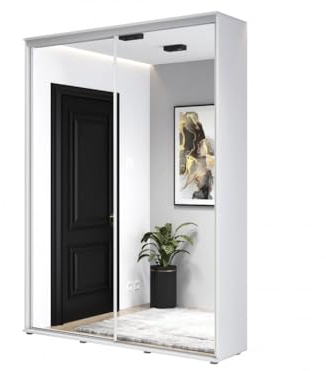 Meble Slupia - ZUZA 2 Garderobenschrank - Kleiderschrank mit Spiegel und Schiebetüren - 160x242x45cm - Kleiderstange Schrank - für Schlafzimmer, Flur - Laminierte Platte, Weiß