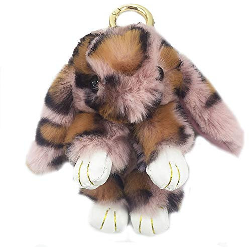 Xsclpomddy Plüsch Hase Schlüsselanhänger Plüsch-Häschen Pom Poms Taschenanhänger Handtasche Autoschlüssel Dekoration,rosa Leoparden.