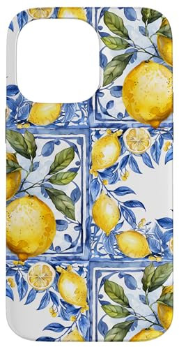 iPhone 14 Pro Max Lemon italian blue tiles pattern portugal morocco azulejo Case