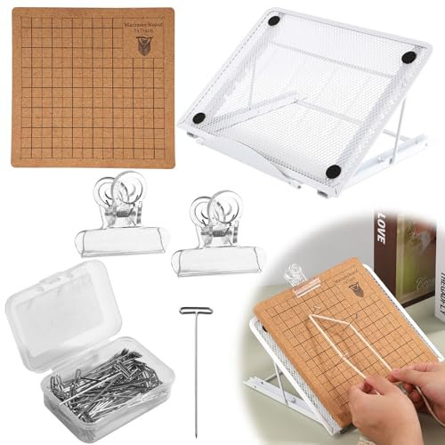 8x8in Macrame Board and Metal Adjustable Holder Stand with T Pins Clips Macrame Supplies Double Sided Grids Macrame Board Set Bracelet Braiding Tool Accessories for Creating