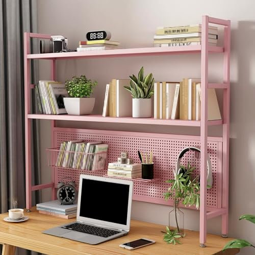 JIAOCKJIAO Metal Desktop Bookshelf, Office Desk Shelf with Perforated Board, 3 Tier Desktop Organizer Shelf, Computer Desktop Bookcase, Save Space, Storage Rack Display Shelf(Pink,37''/95cm)
