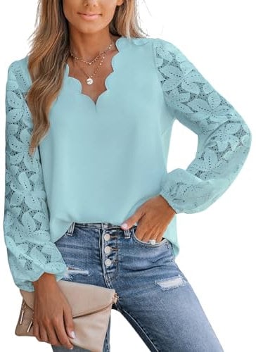 CUPSHE Camicetta elegante da donna in pizzo floreale smerlato, top, manica lunga, scollo a V, Verde menta, L