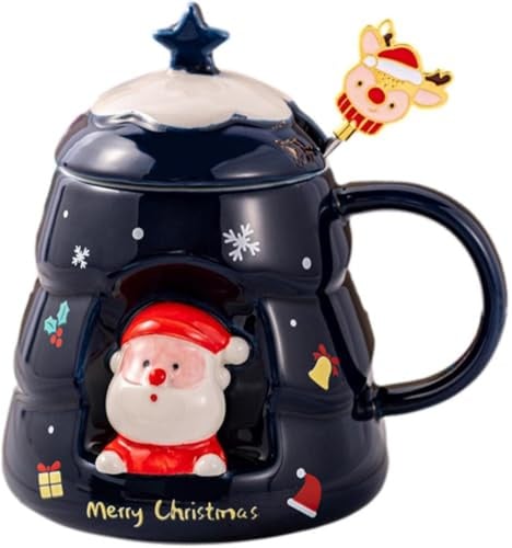MAGICVOGEL Taza navideña de cerámica 3D con dibujos animados de Papá Noel, alce navideño, 450 ml, taza de café con varilla agitadora, regalo para mujeres, hombres, niñas (azul 3D Papá Noel)
