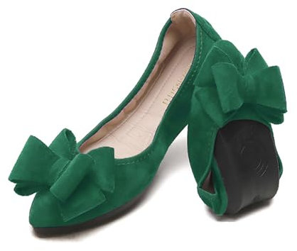 YOUNIFIZ Women Ballet Flats Foldable Fashion Bowtie Comfort Pointed Toe Slip On Ballerina Ladies Casual Comfort Faux Suede Loafers (Christmas Green,Size 7.5)
