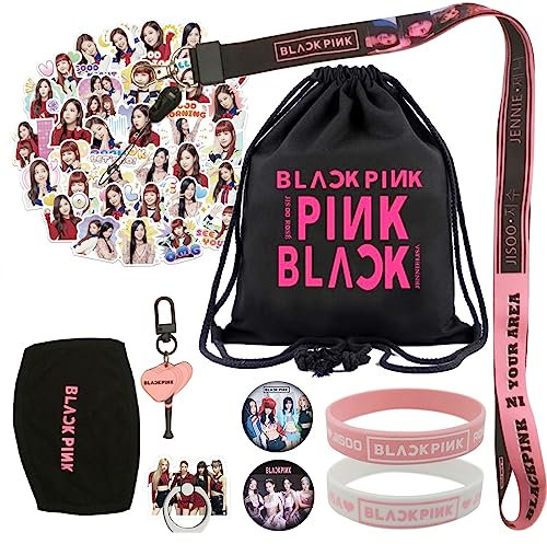 YYSWSAKY BP Fanartikel Set für BLINK, BP Merch mit 1 Kordelzug Stoffbeutel, 1 Schlüsselanhänger, 1 Handy Ring, 1 Schlüsselband, 2 Armband, 50 Aufkleber