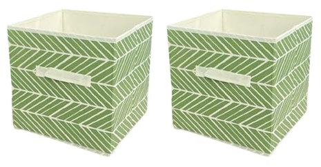 JF HOME BLISS 2 Pcs Cube Storage Box Collapsible Organizer Bin 27x27x28cm Cubes Fabric Storage Bins with Handles Open-Top Toys Box for Closet Shelves Drawer Bedroom Green Striped