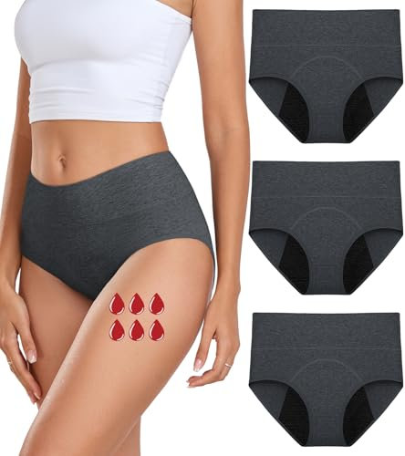 coskefy Periodenunterschwäsche Starke Blutung Perioden Unterhosen Damen Menstruationsunterwäsche Atmungsaktiv Postpartum Slips 3er Pack Grau L