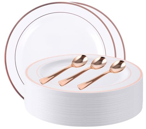 MUXHEL Lot de 40 assiettes en plastique blanches de 26 cm, avec 40 cuillères, Assiettes en plastique réutilisables, Assiettes de fête en plastique avec bord Doré rose - Pour mariages