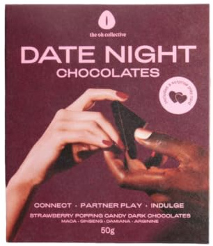 The Oh Collective Date Night Chocolates with Aphrodisiac Herbs – Strawberry Popping Candy, Truth or Dare Cards, Couples' Chocolate for Intimacy & Connection - 1 Box