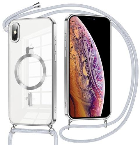 Oelrstfe Handyband Handyhülle für iPhone XS/X Hülle Case mit Band, Compatibile Con MagSafe Durchsichtig Dünn TPU Silikon Case mit Kordel zum Umhängen Abnehmbar Kratzfeste Stoßfest Schutzhülle, Silber