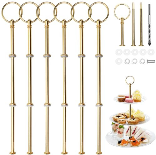 Kigniote 3 stufige Etageren Stangen Set, 6 Stück Metallstangen Etagere Golden mit Bohrer, Etagere Stäbe für Torte Cupcakes Macarons Donut Muffin und Obst (Platte nicht enthalten) (Golden)