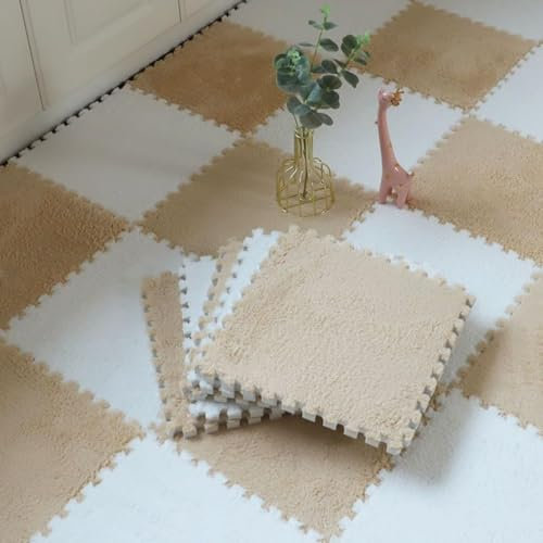 10Pcs 30x30x1cm Plush Foam Puzzle Area Rug, Soft Interlocking Carpet Mats for Bedroom Nursery Playroom Gym Yoga,Cuttable Floor Mat (Beige White)