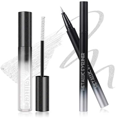 Weiße Glitzer Mascara & Silber Eyeliner Set, Diamond Shimmer Wimperntusche Länge and Volume, Liquid Ultrafeiner Metallic Glitter Eyeliner, Wasserfest & Langlebig Shiny Augen-Makeup für Cosplay Party