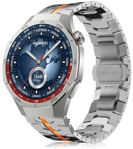 MaEiol 22mm Edelstahl Metall Armband für Huawei Watch 5 46mm /Huawei Watch GT 5 Pro/GT 5/GT 4 46mm, Iron Man Premium Metall Uhrenarmband Ersatzarmband Armbänder Business für Damen Herren, Titan&Orange