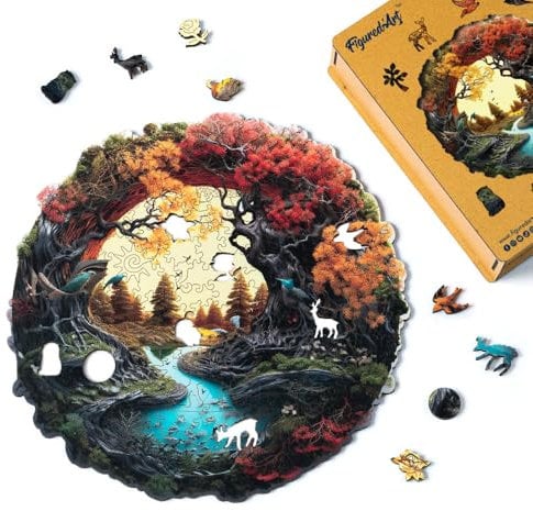 Figured'Art Holzpuzzle Erwachsene und Kinder 200 Teile - Herbstfluss - Originelles Design 28,5x28,3 cm Einzigartige Form mit Premium-Holzkiste