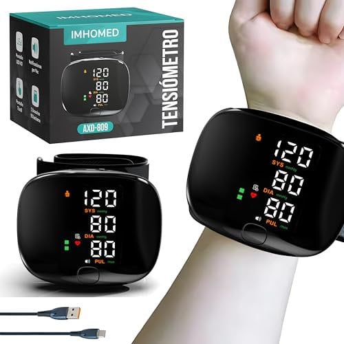 IMHOMED Tensiometro de Muñeca Profesional, Batería Recargable 500mAh-TypeC, Voz en Español, Pantalla Táctil, Manguito Universal, Certificado Sanitario 2025, Indicador de Riesgo, Memoria 2 Usuarios
