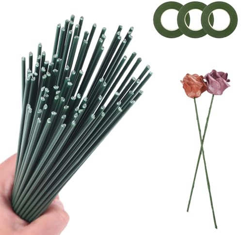100 Stück Blumendraht Grün mit Floristenband, 2mm Blumenstamm Draht, Flexibler Floristendraht 30 cm für DIY Blumendraht zum Basteln, Robuster Steckdraht Floristik für Blumenarrangements & Handwerk