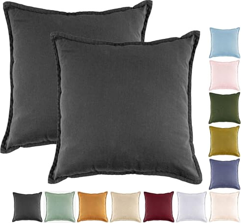 JACK by Mistral 2er Set 45x45cm Kissenhülle Kissenbezug Baumwolle Reißverschluss Leinenoptik, Farbe:Anthrazit