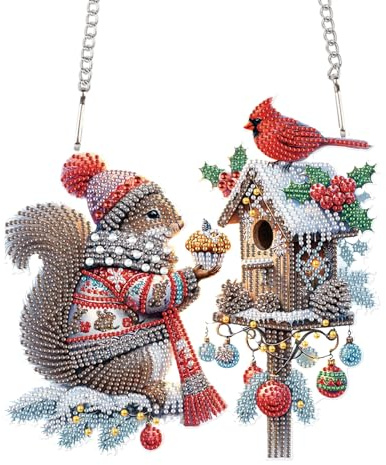 DCIDBEI Weihnachten Diamond Painting Türkranz Weihnachtskranz 24x23cm Diamant Painting Anhänger mit Kette Diamant Malerei Fensterbilder Weihnachten Kranz für Wand Eingang Fenster Eichhörnchen Vogel