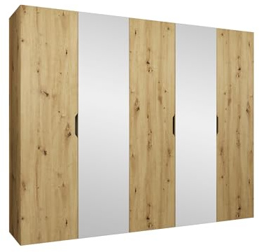 Mirjan24 Kleiderschrank mit Spiegel, Einlegeböden und Kleiderstange Midere 250, Vielseitiger Drehtürenschrank, Elegantes Kleiderschrank 5-türig (Artisan Eiche)