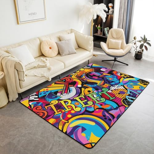 Homemissing Hippie Graffiti Stil Teppich 100x150cm Hip Hop Dekor Cool Wohnzimmerteppich Straßenkultur Grunge Kunst Kinder Outdoor Teppich Bunt Junge Küchenteppich