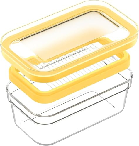 Butter Cutter Dish with Lid with Stainless Steel Wire Airtight Butter Keeper BPA Free Butter Cutter Slicer Butter Storage Box Butter Container for Fridge Tabletop Perfect for Butter Cheese (Yellow)