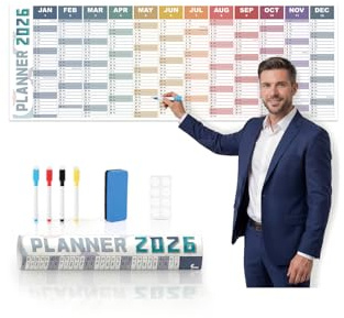 2026 Wall Planner, Extra Wide 120 x 42cm, Yearly Wall Planner Calendar UK, Laminated Erasable, Rolled No Creases, Includes Pens Mount Stickers and Eraser for Home Office School, Business Colours