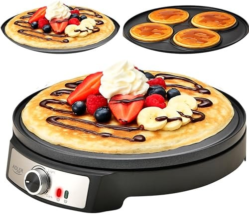 Adler Crêpe Maker [Ø 30cm] elektrisch mit Teigverteiler & Wender | Pfannkuchen Maker Platte mit Antihaftbeschichtung + stufenloser Temperaturregelung | 1600W Pancake Maker mit Edelstahlgehäuse