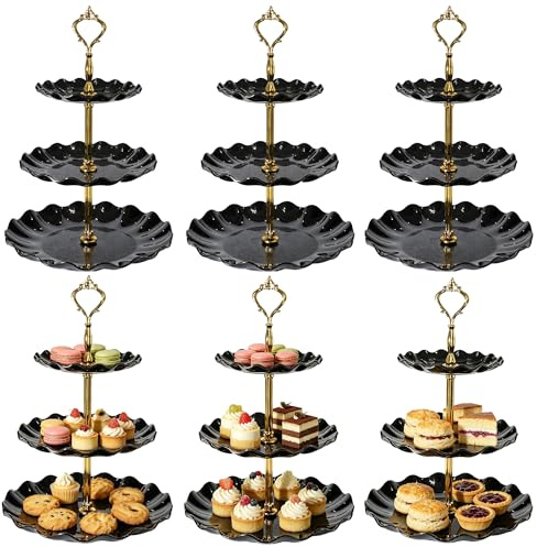 YQGQSUAK 6 Pack 3 Tier Cake Stands, Black Plastic Dessert Stands | Tiered trays for cupcakes, pastries, fruit, snacks and afternoon tea table displays.