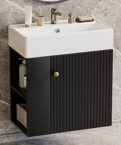 Yorbay Waschbecken mit Unterschrank 55 cm: Wandhängend mit 2 Seitenablagen | Keramik-Waschtisch mit Soft-Close-Tür - Kompaktes Badmöbel Set für Kleine Bäder und Gäste WC (Schwarz)